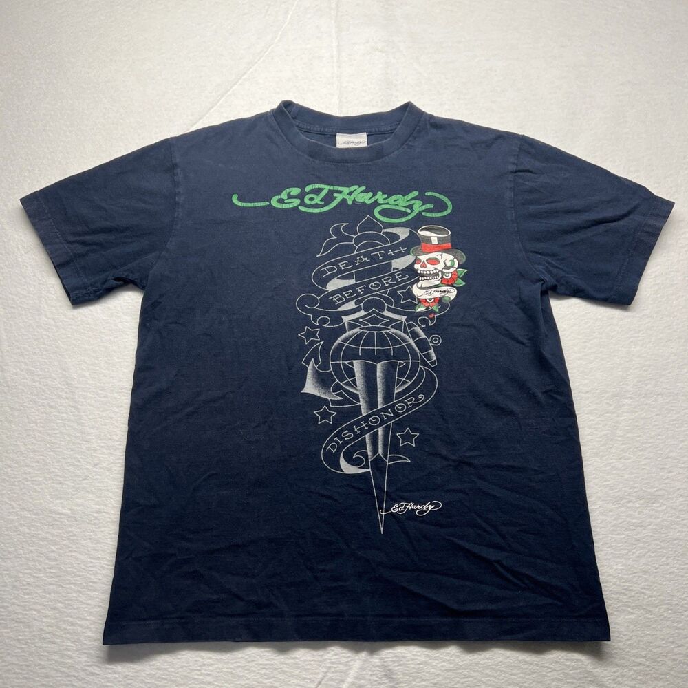 Y2K Ed Hardy Death Before Dishonor Skull Dagger Tattoo T Shirt Mens L 2000s